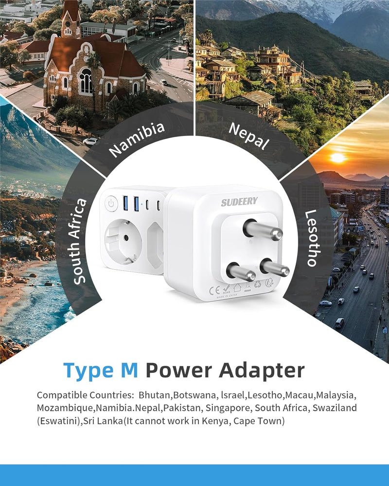 Deutschland nach Südafrika Adapter mit 4 USB (2 Typ-C), 2 Fach Reiseadapter Südafrika, Reisestecker