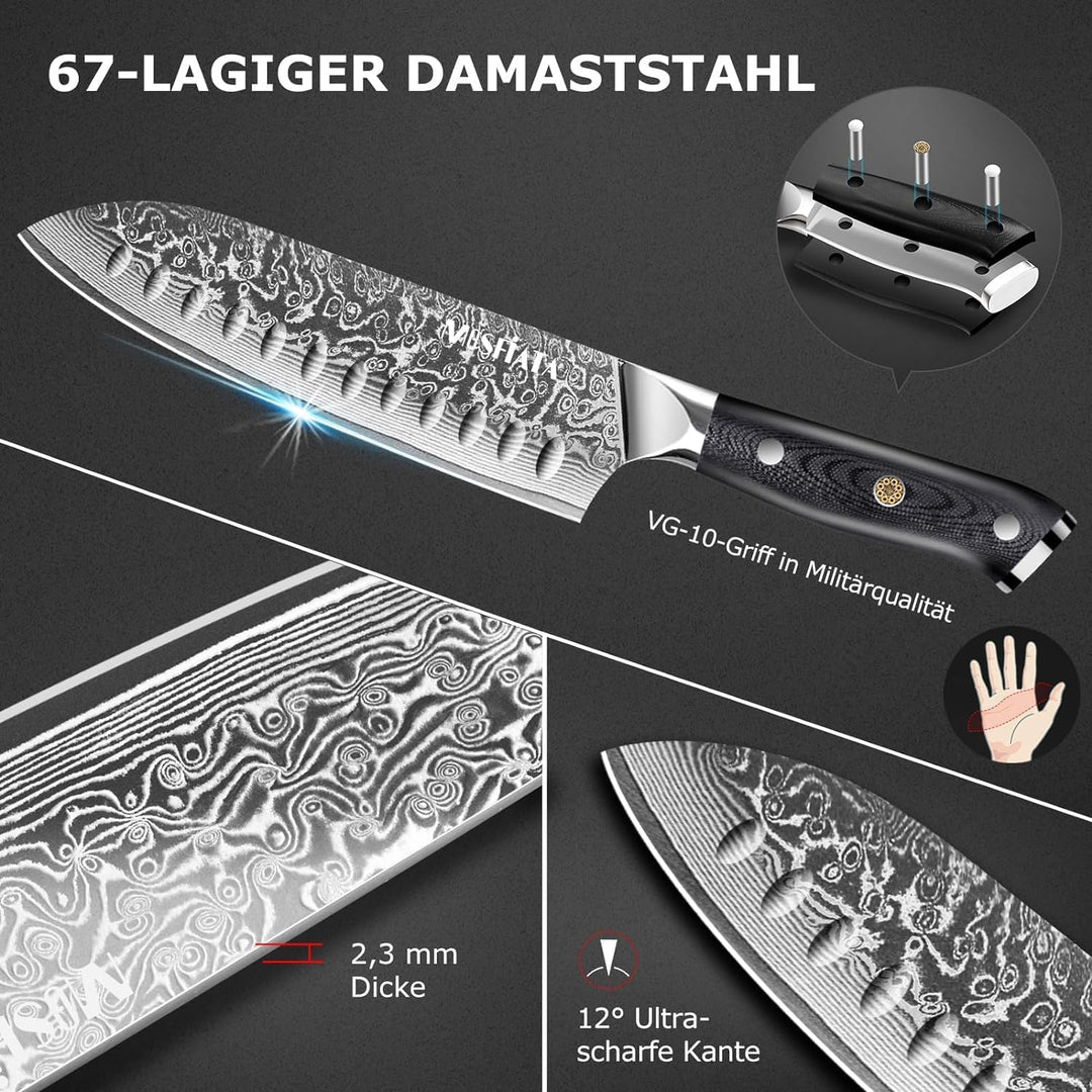 MOSFiATA Damast Santokumesser 7 Zoll, Damastmesser Küchenmesser Damaststahl Japanisches Messer Schar