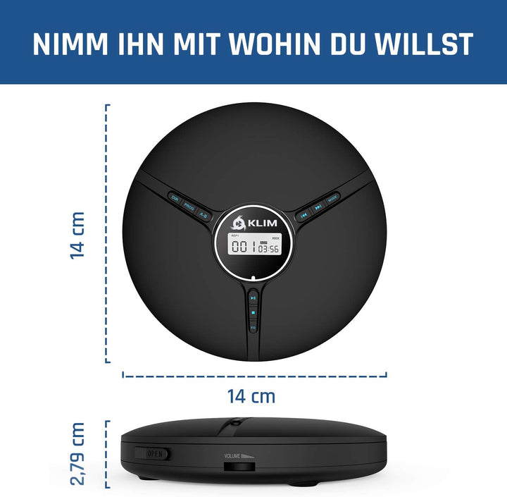 KLIM Discman - Tragbarer CD Player mit eingebautem Akku, inklusive KLIM Fusion Kopfhörer. Kompakter