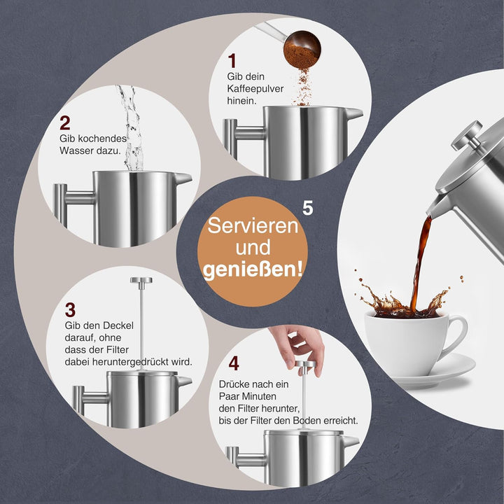 VonShef Doppelwandig warmhaltend Kaffeepresse aus gebürstetem Edelstahl für Filterkaffe für 12 Tasse