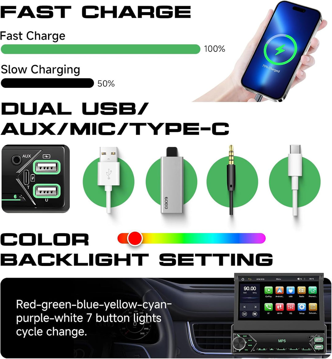 DAB Autoradio 1 Din mit 7 Zoll Bildschirm Ausfahrbar, Hodozzy 1 Din Flip Out Touchscreen Autoradio m