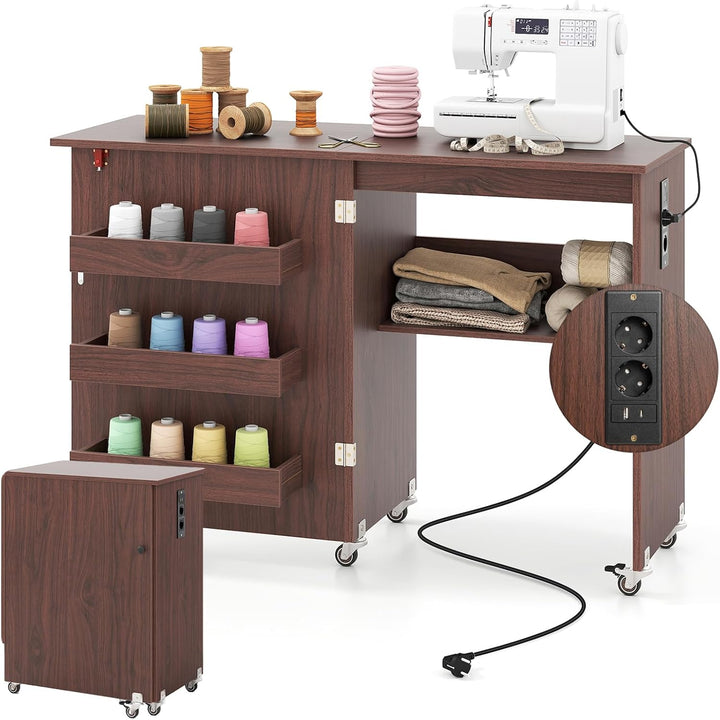 RELAX4LIFE 2 in 1 Nähtisch, Nähmaschinenschrank klappbar mit Ladestation, Nähschrank aus Holz mit Re