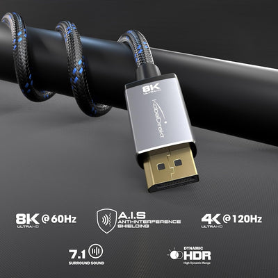 KabelDirekt – 8K / 60Hz DisplayPort Kabel 1.4 – 5 m – DP Kabel mit Vollmetall-Steckern für Gaming PC