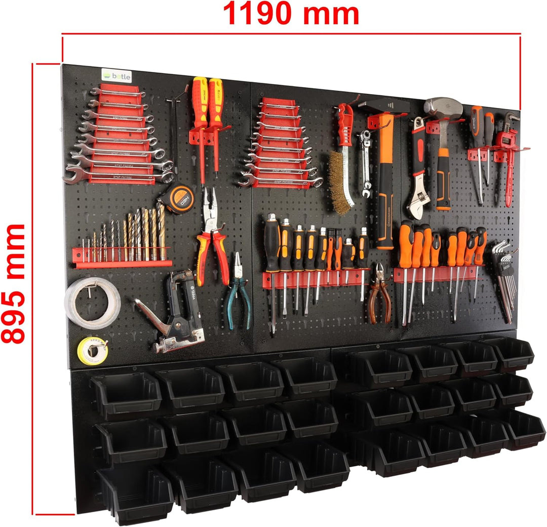 botle® Werkzeugwand Lochwand aus Metall, Stapelboxen + Wandregal + Werkzeughalter 51-tlg Set, Kleint