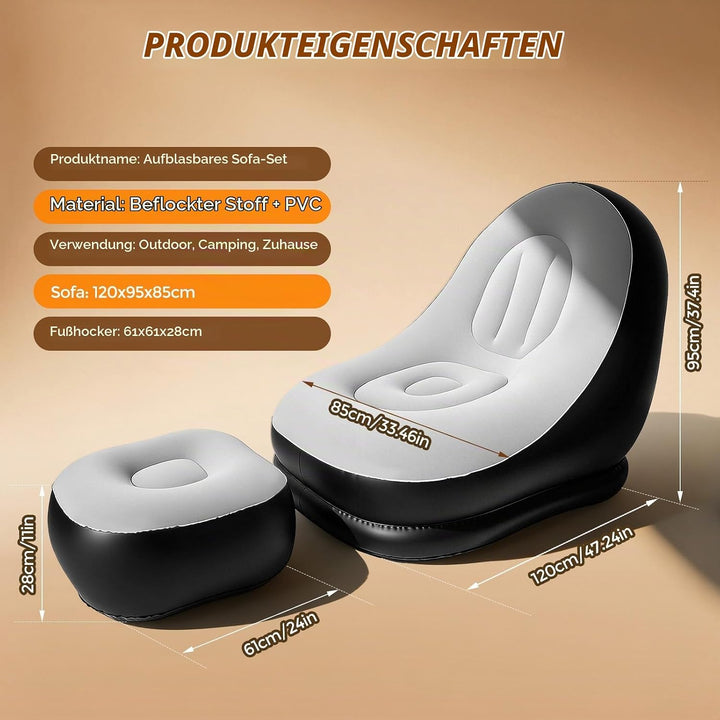 Aufblasbares Sofa mit Fusshocker Set – Luftsofa mit Beflockung für Camping, Garten &amp; Wohnzimmer, Was