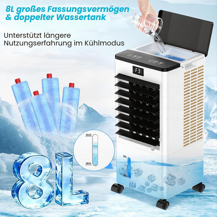 Klimaanlage Mobile, 3 in 1 Klimagerät Tragbarer Luftkühler Luftbefeuchter Verdunstungs Lüfter mit 8L