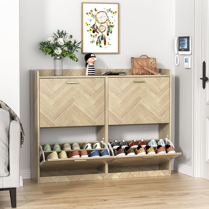 Fischgrätmuster Schuhschrank mit 4 Schublade Holz Schuhkipper für 24-28 Paar Schuhe, Schuhregal mit