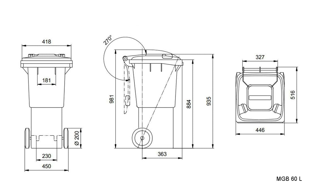 Mülltonne 60L mit Deckel und Rädern | Robuster Abfallbehälter aus HDPE | EN 840 Zertifiziert | UV-be