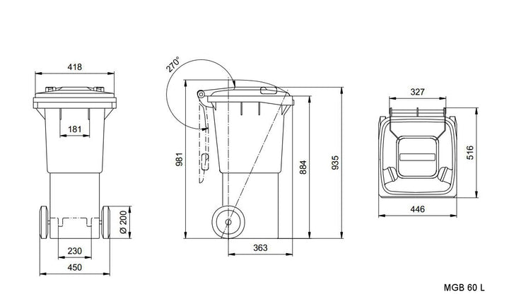 Mülltonne 60L mit Deckel und Rädern | Robuster Abfallbehälter aus HDPE | EN 840 Zertifiziert | UV-be