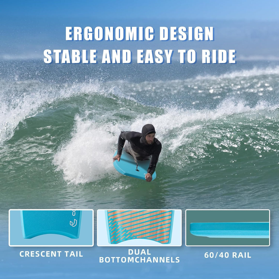 Body Boards for Beach Lightweight Durable Body Board with EPS Core Dual Channel Double Swivel Coiled