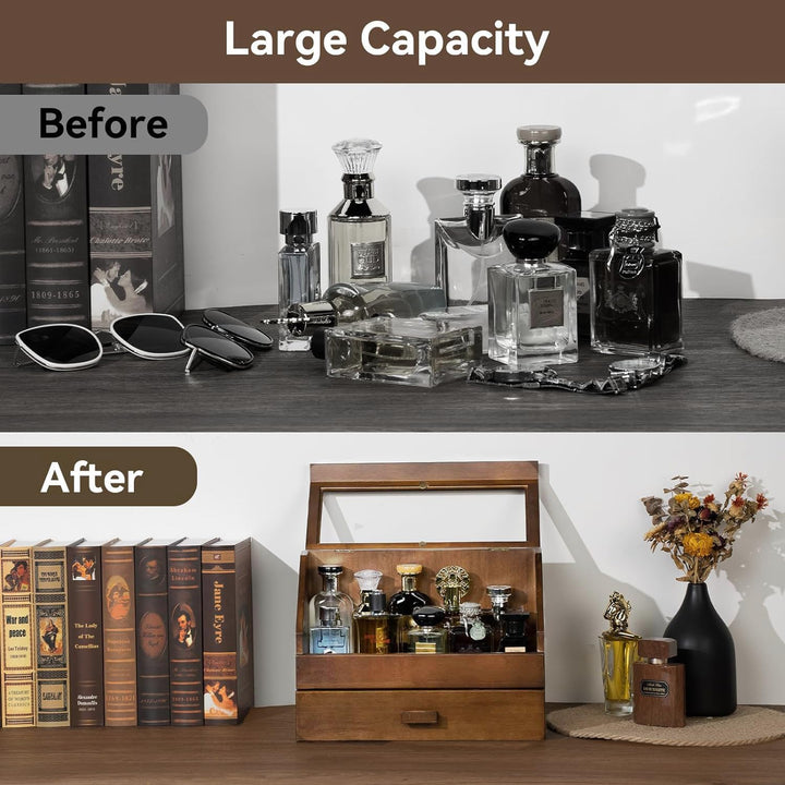 Parfüm Organizer, Holz Herren Parfüm Ständer mit Schublade, Parfüm Regal mit Transparent Sichtbarer