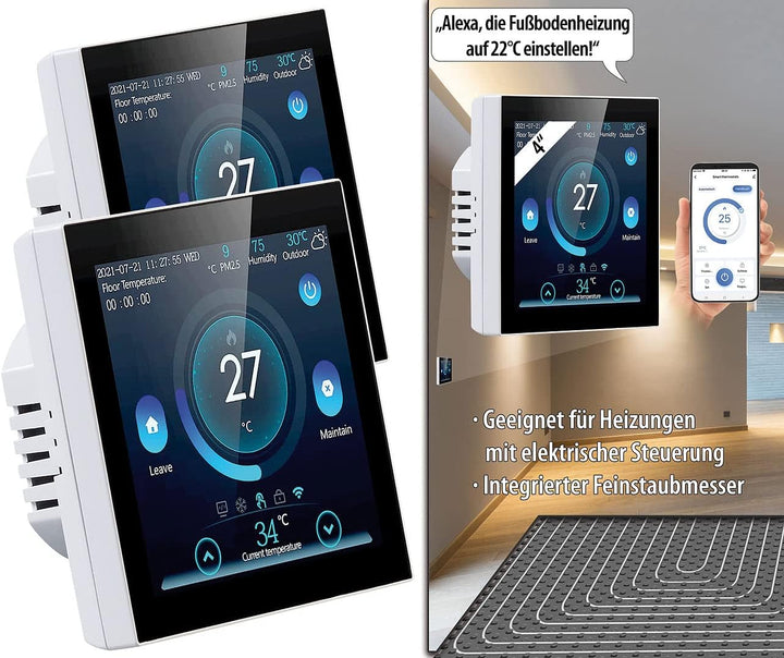 revolt Wireless Thermostat: 2er-Set WLAN-Thermostate für Fussbodenheizungen, Touchdisplay (Wandtherm