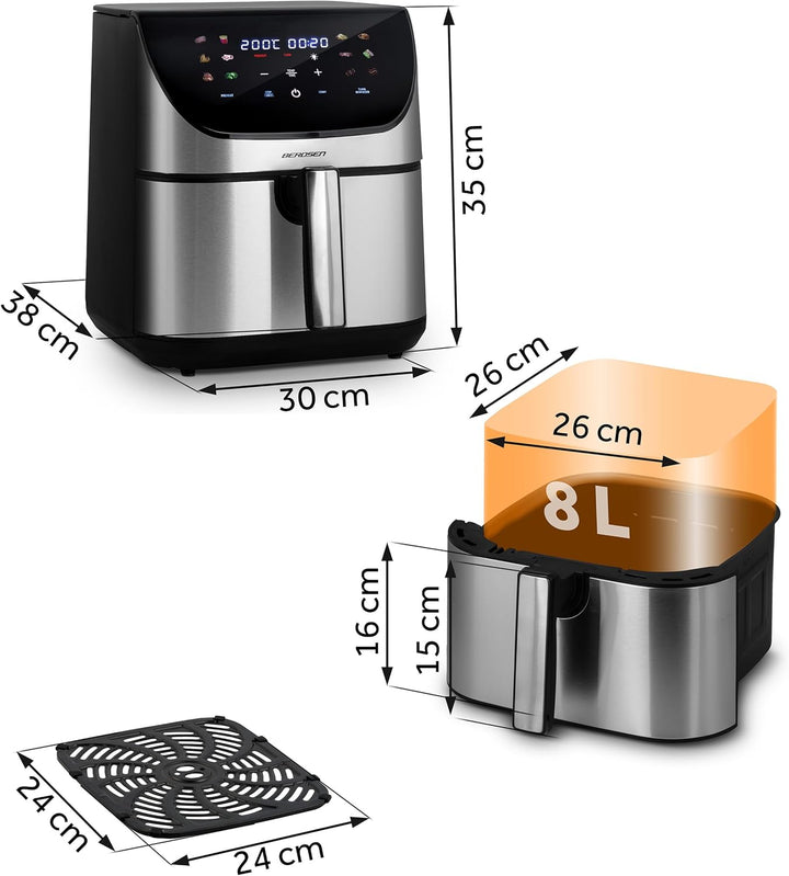 Berdsen Heissluftfritteuse XXL 8L - Airfryer mit Touchscreen - 1700W - 12 Programme - Gesund ohne Fe