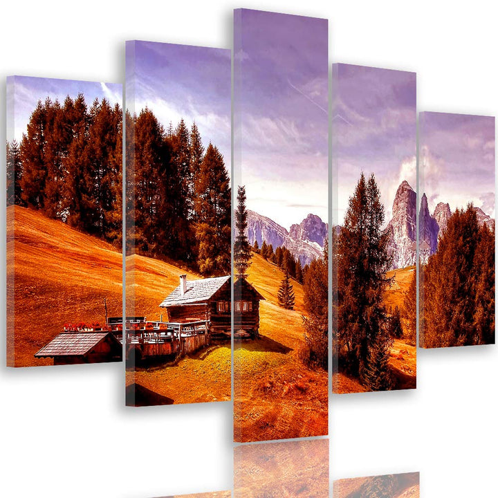 Feeby Bilder Berge 250x120 cm - Leinwandbild 5 Teilig XXL Kunstdruck Hütte Bäume rot Leinwandbild XX