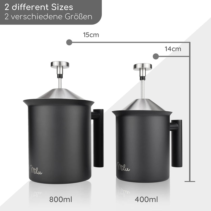 Milu Milchaufschäumer manuell | 400ml, 800ml | Edelstahl Hand Milschäumer für Milch Cappuccino, Kaff