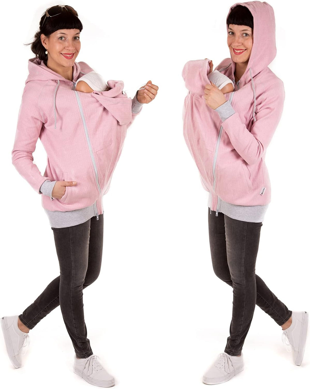 Viva la Mama 3in1 leichte Tragejacke für Mama und Baby, Umstandsjacke - CLEO XS Rosa - Vorn und Hint
