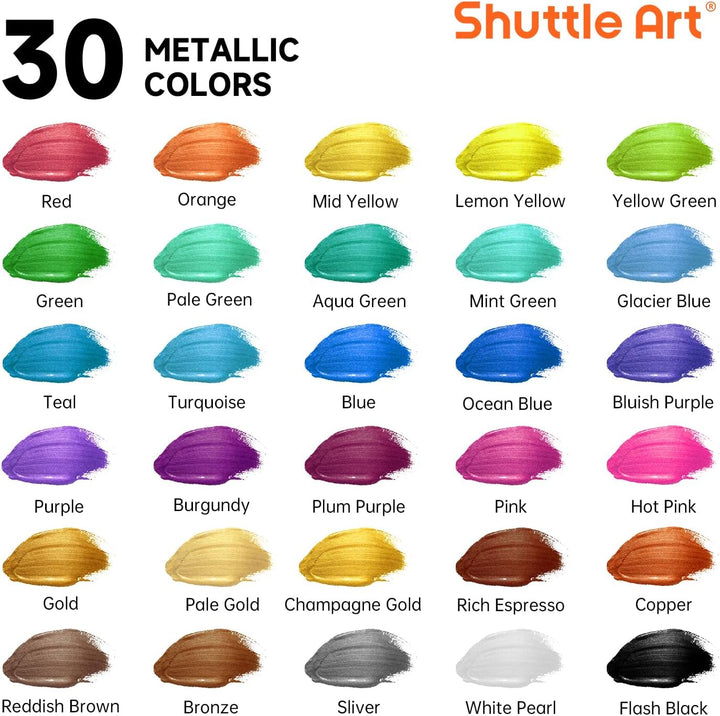 Shuttle Art Metallic Acrylfarben Set, 30 bunte Acrylfarben Metallic in Flaschen (60 ml), 10 Pinsel,