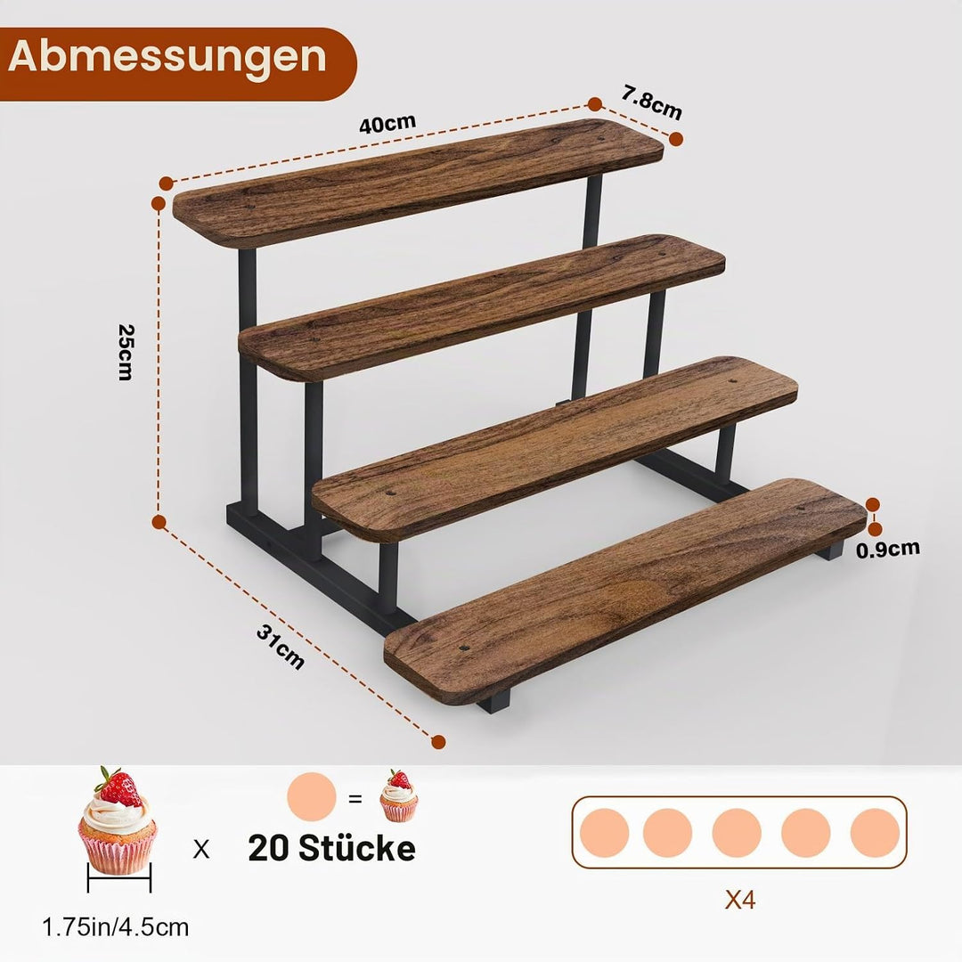Tortenständer aus Holz für 20 Cupcakes, 4 Etagen Cupcake Ständer Stufenregal für Desserts, Donuts, K