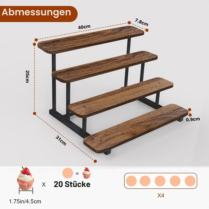Tortenständer aus Holz für 20 Cupcakes, 4 Etagen Cupcake Ständer Stufenregal für Desserts, Donuts, K