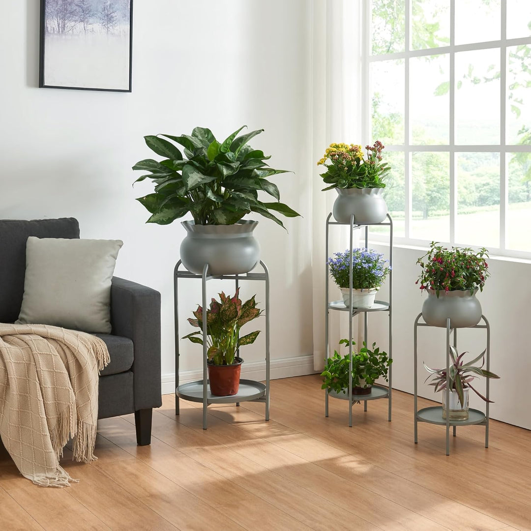 [en.casa] Blumenständer Altena Pflanzenständer mit Blumentopf und 2 Ablagen Metall Grau Pflanzenrega