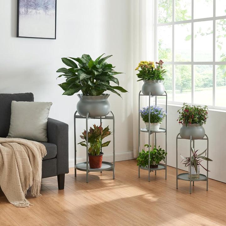 [en.casa] Blumenständer Altena Pflanzenständer mit Blumentopf und 2 Ablagen Metall Grau Pflanzenrega