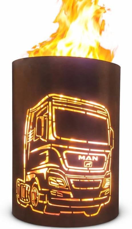 TiKo-Design® Feuertonne Man Truck Motiv – Feuerkorb aus Stahl mit LKW-Design – Handgefertigte Garten