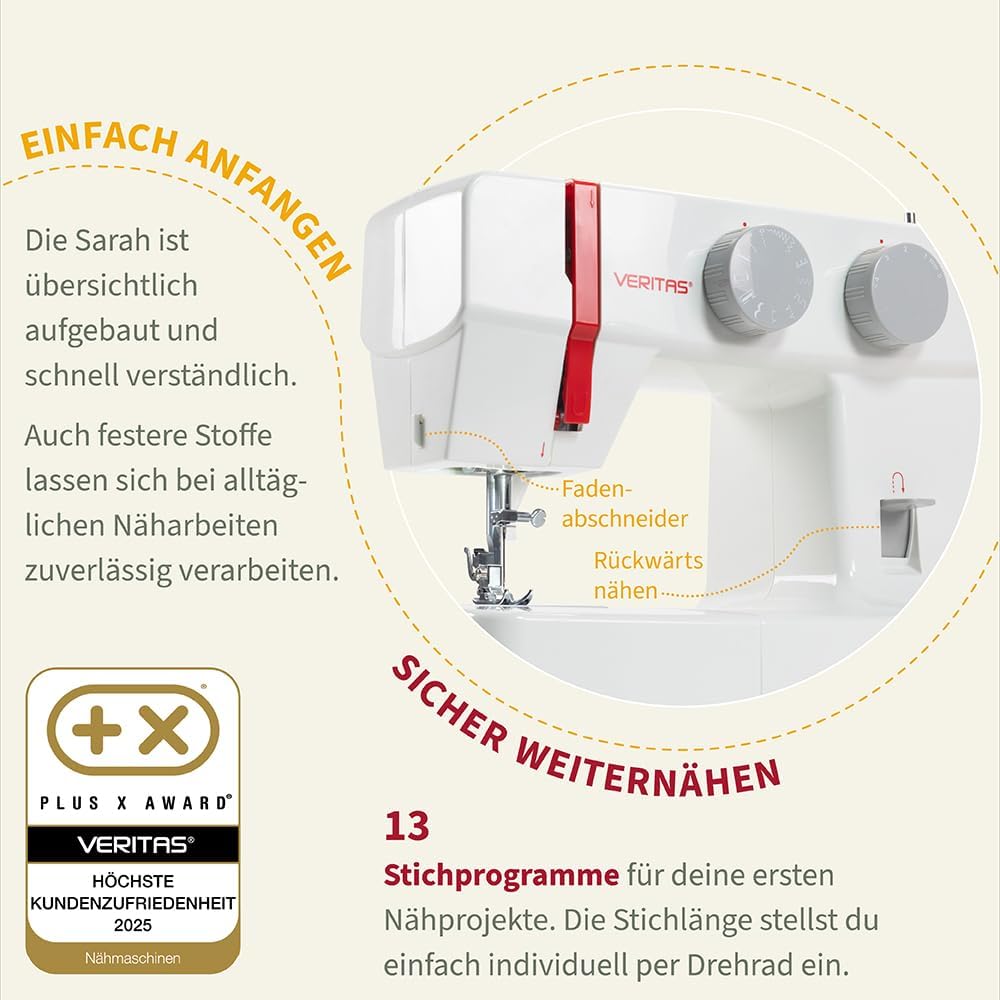 VERITAS Sarah - Mechanische Nähmaschine für Näh-Anfänger &amp; Einsteiger mit 13 Stichprogrammen, Freiar