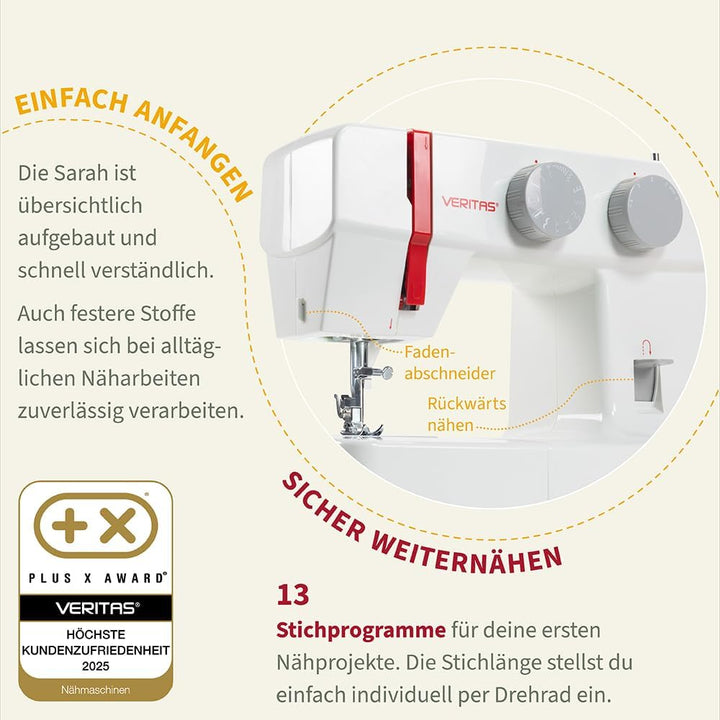VERITAS Sarah - Mechanische Nähmaschine für Näh-Anfänger &amp; Einsteiger mit 13 Stichprogrammen, Freiar