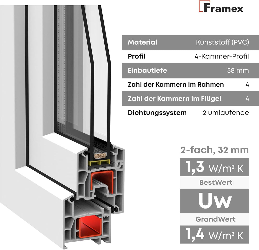 Kellerfenster Fenster Kunststofffenster Weiss Breite x Höhe 60 x 105 cm (600 x 1050 mm) 2-fach (32 m