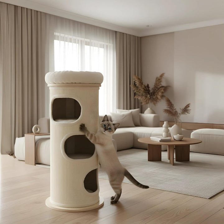Bamboo Tower XL Kratztonne 110 cm – Kratzbaum Sisal mit Kuschelhöhle, 3 Ebenen und Aussichtsplattfor