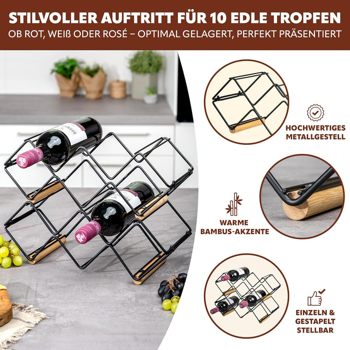 eluno Weinregal 2er-Set für 10 Flaschen, aus Metall und Bambus, stapelbar (ca. 39 x 14,5 x 15 (B/H/T