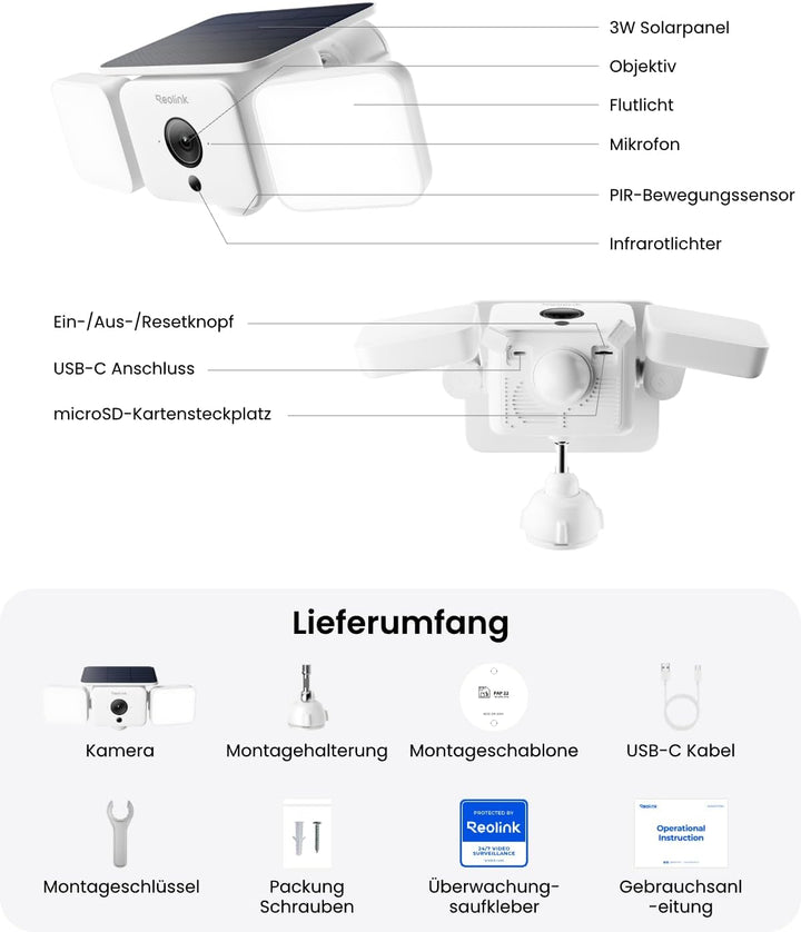 Reolink 2K Überwachungskamera Aussen Solar Akku, 150°Ansicht, bis zu 1000 lm Licht & Sirenenalarm, K