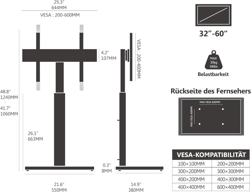 FITUEYES TV Ständer TV Bodenständer Standfuss Fernsehstand höhenverstellbar schwenkbar für 32 bis 60