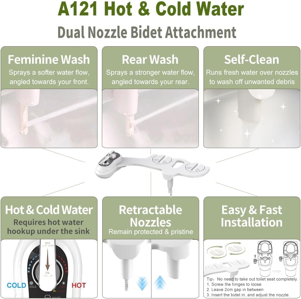 APURE BIDET A121 Warm- und Kaltwasser-Bidet-Aufsatz für WC-Sitz, Doppeldüse, Rücken- und Damenwäsche