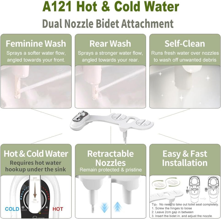 APURE BIDET A121 Warm- und Kaltwasser-Bidet-Aufsatz für WC-Sitz, Doppeldüse, Rücken- und Damenwäsche
