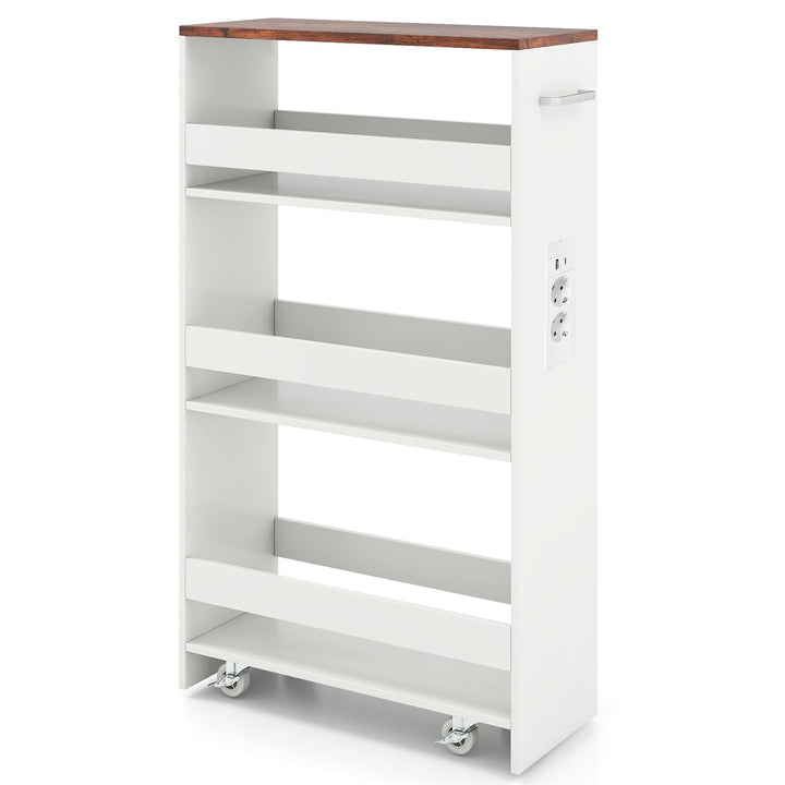 FANTASK 20cm Schmaler Nischenwagen, 4 Etagen Küchen-Servierwagen mit Ladestation, Rollendes Holzrega