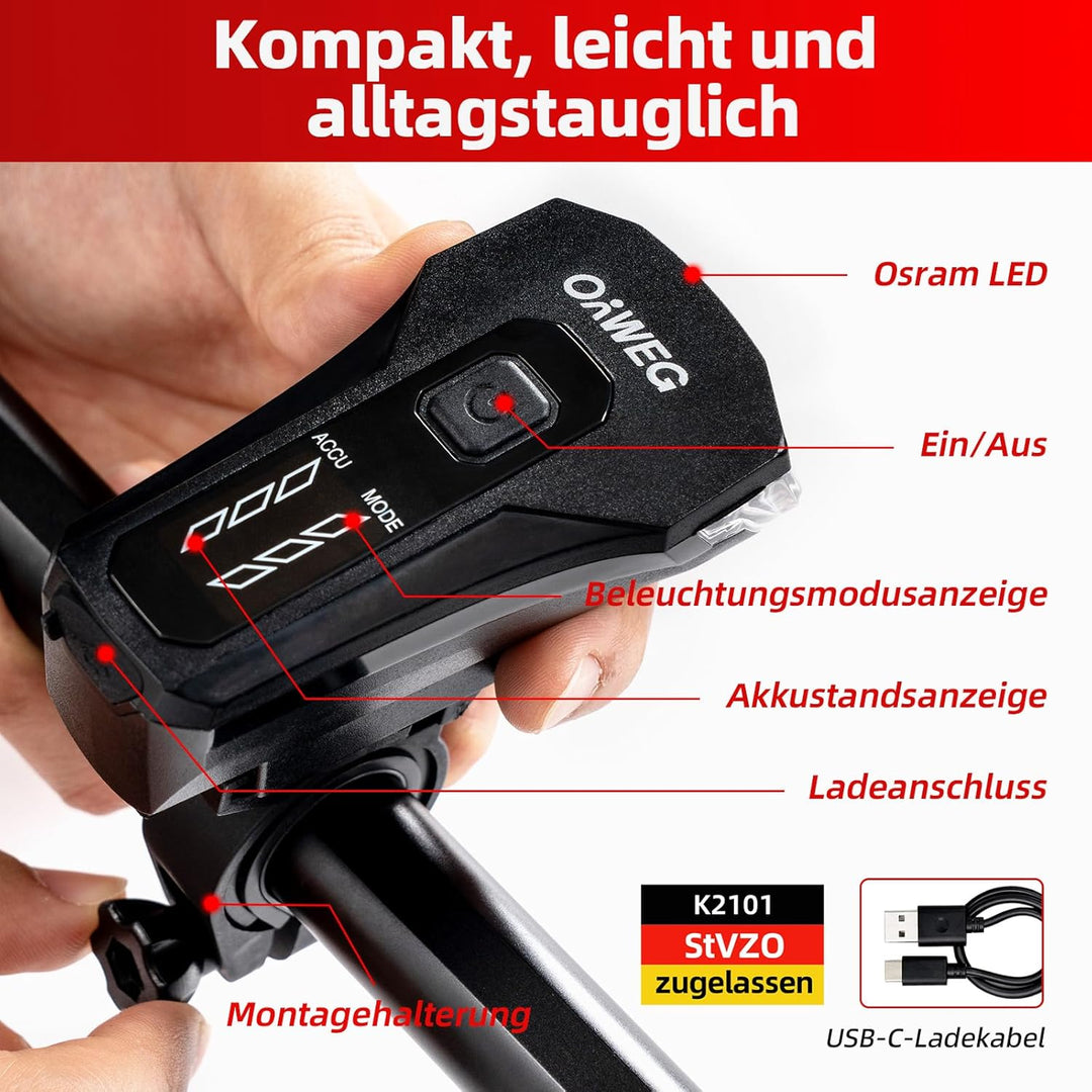 Fahrradlicht Vorne StVZO, Osram LED mit Auto-Sensor 4 Leuchtmodi, IPX4 wasserdicht, USB-C wiederaufl