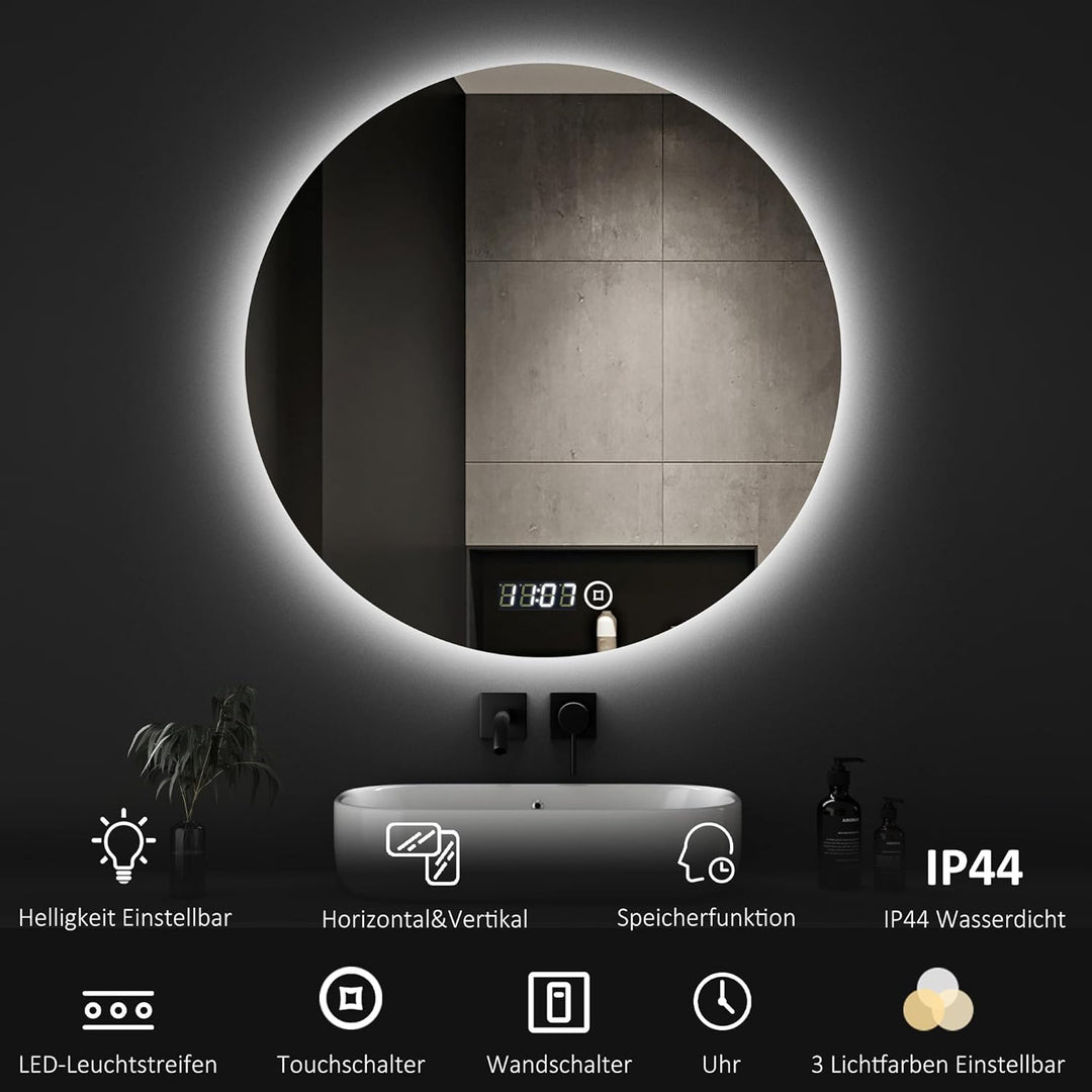 Boromal LED Badspiegel Rund mit Beleuchtung und Uhr Badspiegel 70x70cm Runder Spiegel 3000K-6500K 20