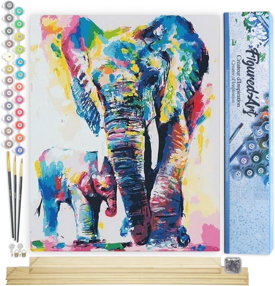 Figured'Art Malen Nach Zahlen Erwachsene Mit Rahmen Elefanten Aquarell - Paint by Numbers Basteln DI