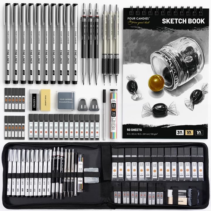 Four Candies 52 Stück Kunstzubehör Skizzier- und Zeichenset mit 10 Micron Fineliner-Stiften, 6 Zeich