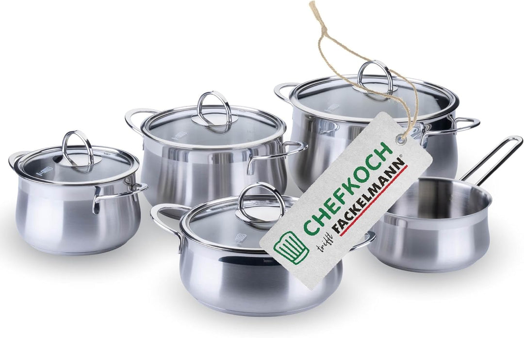 Chefkoch trifft Fackelmann Topfset 9-tlg. – Hochwertiges Edelstahl Kochgeschirr mit Glasdeckeln, Ind
