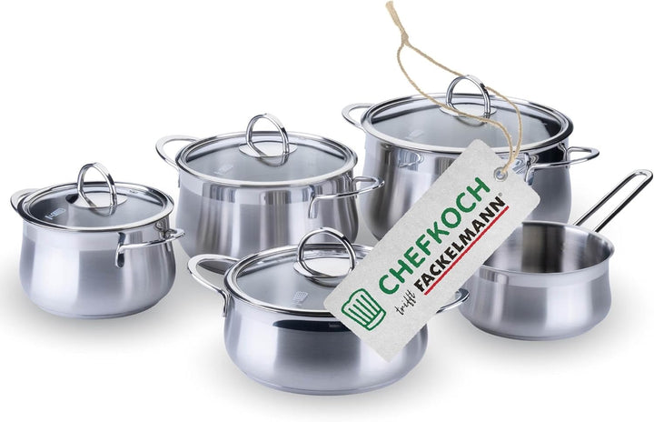 Chefkoch trifft Fackelmann Topfset 9-tlg. – Hochwertiges Edelstahl Kochgeschirr mit Glasdeckeln, Ind