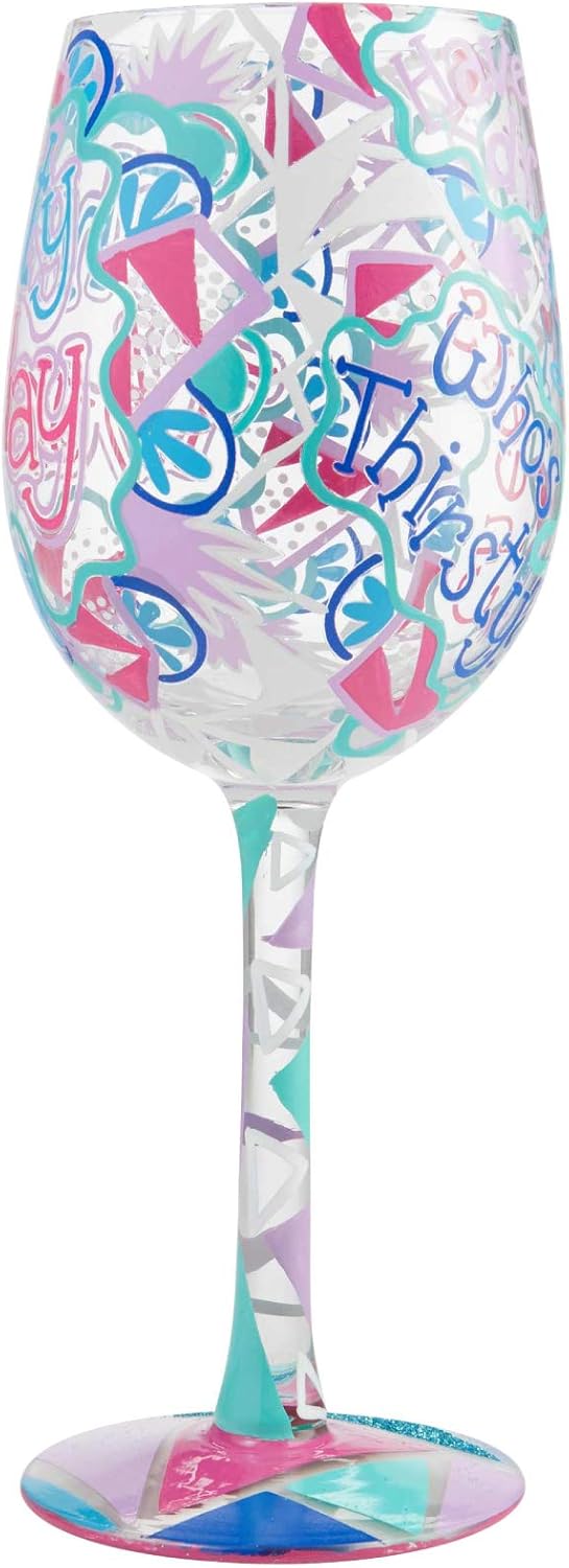 Enesco Designs by Lolita Thirsty Thursday Artisan Weinglas, handbemalt, 1 Stück, mehrfarbig Dursty T