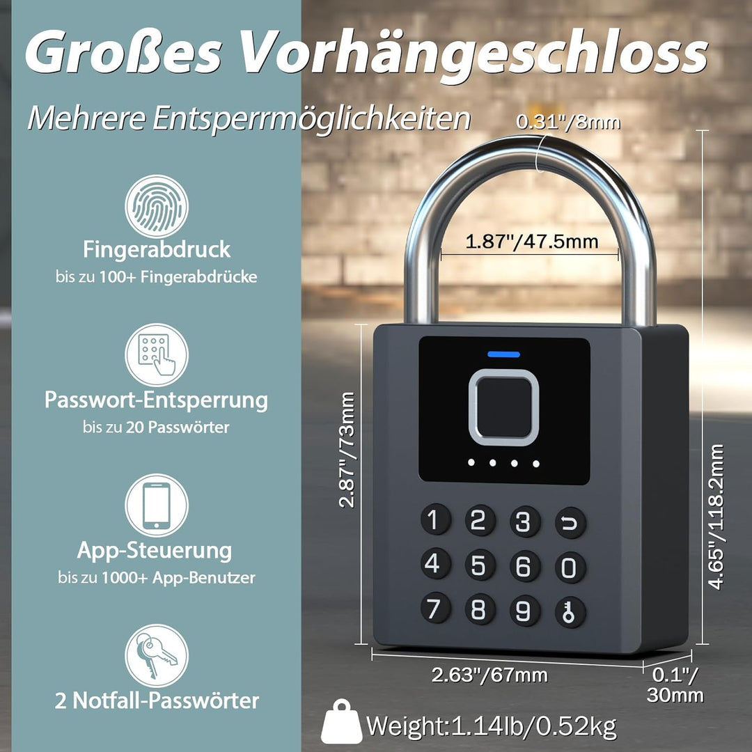 Fingerabdruck Vorhängeschloss Outdoor eLinkSmart Zahlenschloss mit 9-Tasten-Code, Bluetooth App-Steu