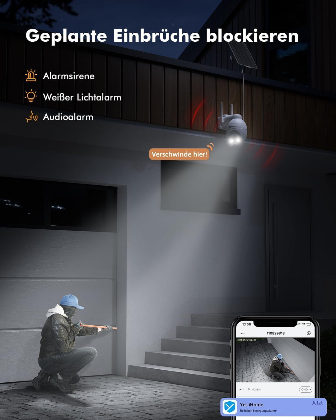 YESKANO 2K Überwachungskamera, WLAN, für den Aussenbereich, kabellos, Solarpanel, 360 °, PTZ, Kamera