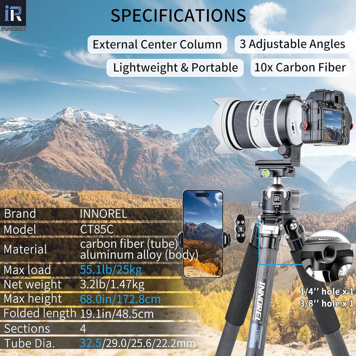 Kohlefaser-Stativ-INNOREL CT85C Ohne Kopf Super professionelles tragbares Reisestativ für DSLR-Kamer