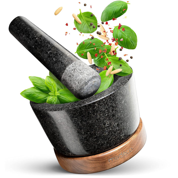 madeco Mörser mit Stössel Granit auf Holzsockel Nussbaum Ø 14,5 cm - Perfekt geeignet für Gewürze, K