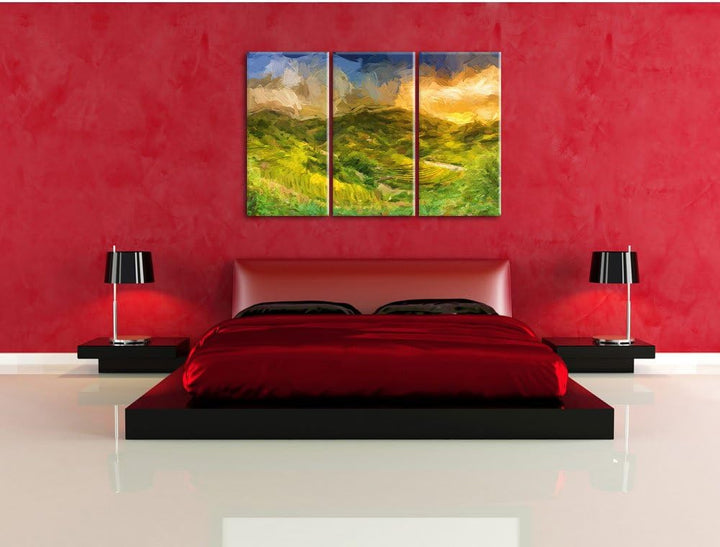 Pixxprint Berg Farm in Asien / 3-Teilig/Gesamtmass 120cm Leinwandbild bespannt auf Holzrahmen/Wandbi