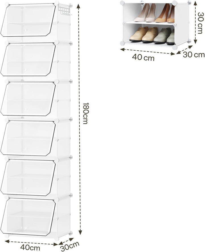 WOLTU Schuhregal, Schuhschrank mit 12 Fächern, Platzsparend, Mit Haken, Schuhablage Kunststoff, für