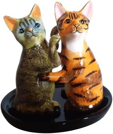 Keramik Salz und Pfefferstreuer Set Katzen Motiv (GRAU UND ROT), Grau und Rot